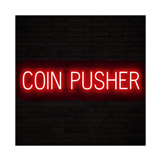 Neon sign with 'COIN PUSHER' text on a black brick wall background