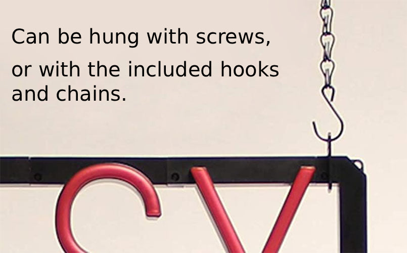 Metal sign with red lettering and text about hanging options on a beige background