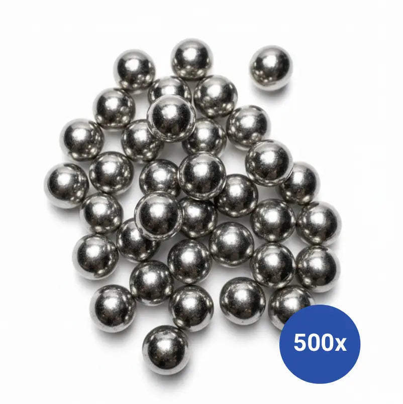 Pile of metallic balls with a blue label indicating '500x' on a white background