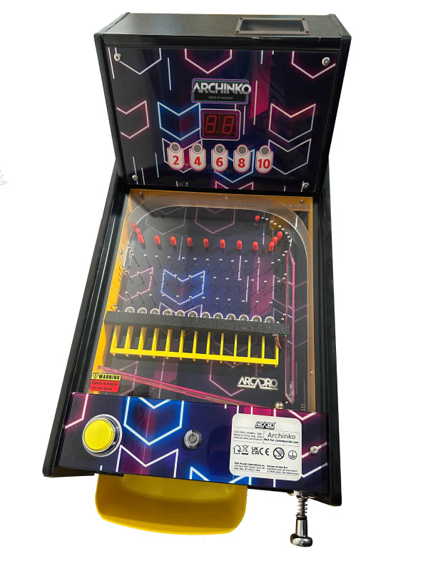 Pinball arcade machine with colorful design and 'Archinko' branding on front view