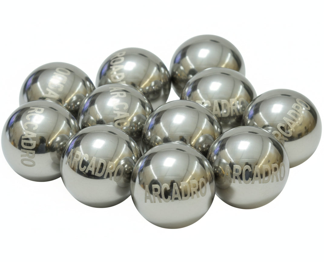 Silver balls with 'Arcadro' branding on a white background