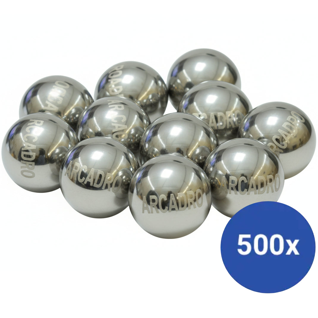 Silver balls with 'Arcadro' branding on a white background, labeled '500x'.