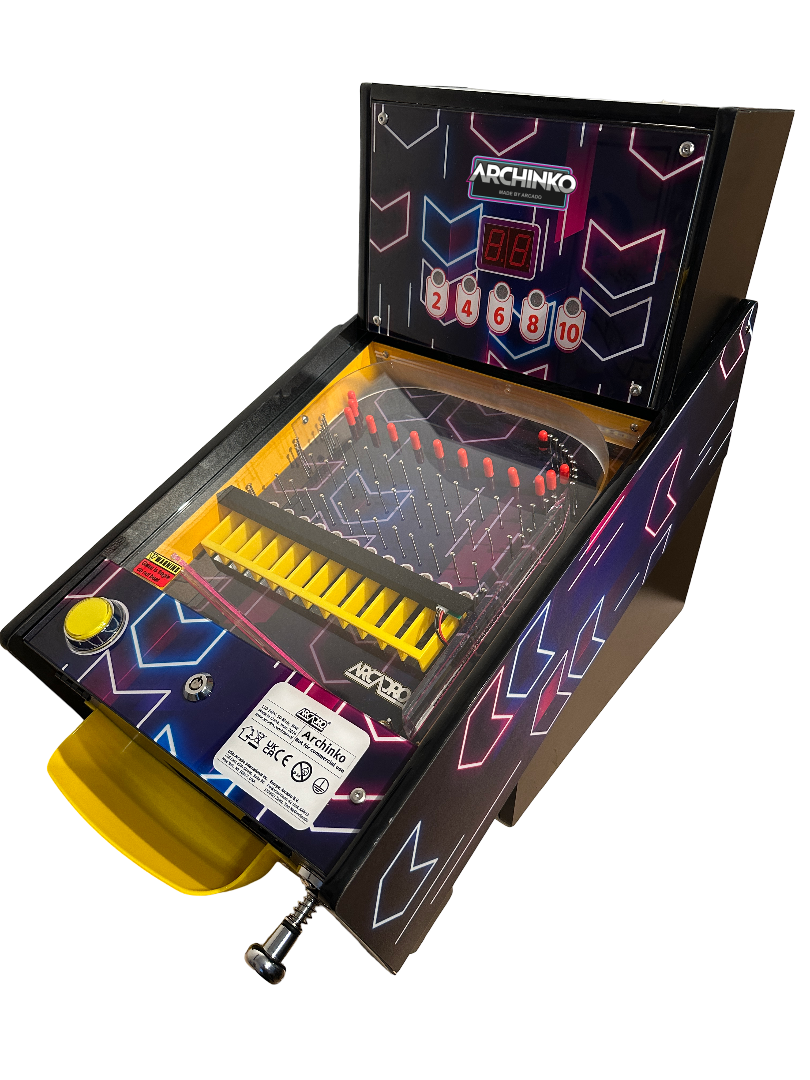 Pinball machine with colorful design and 'Archinko' branding on a white background