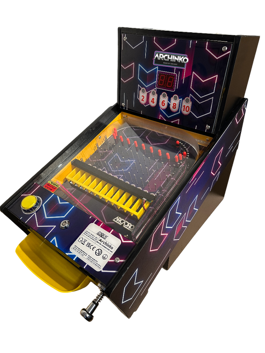 Pinball machine with colorful design and 'Archinko' branding on a white background