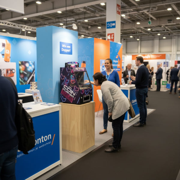 Exhibition stand with people interacting at a trade show with the CP365 at the center