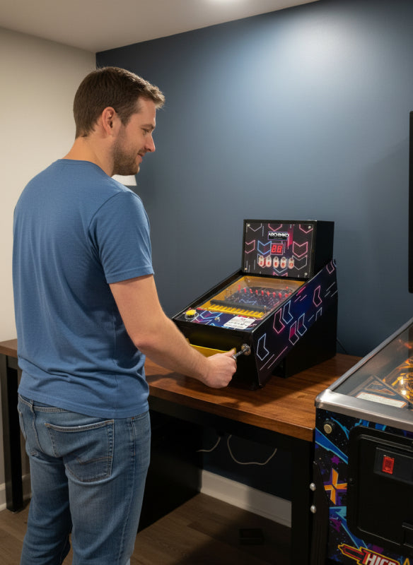 Man playing the archinko pinball machine in a room with a blue wall.