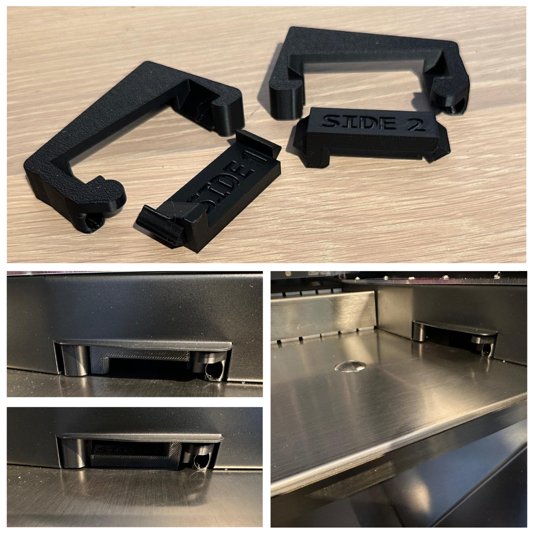 Black side blockers on a wooden surface with close-up shots of how they can be used