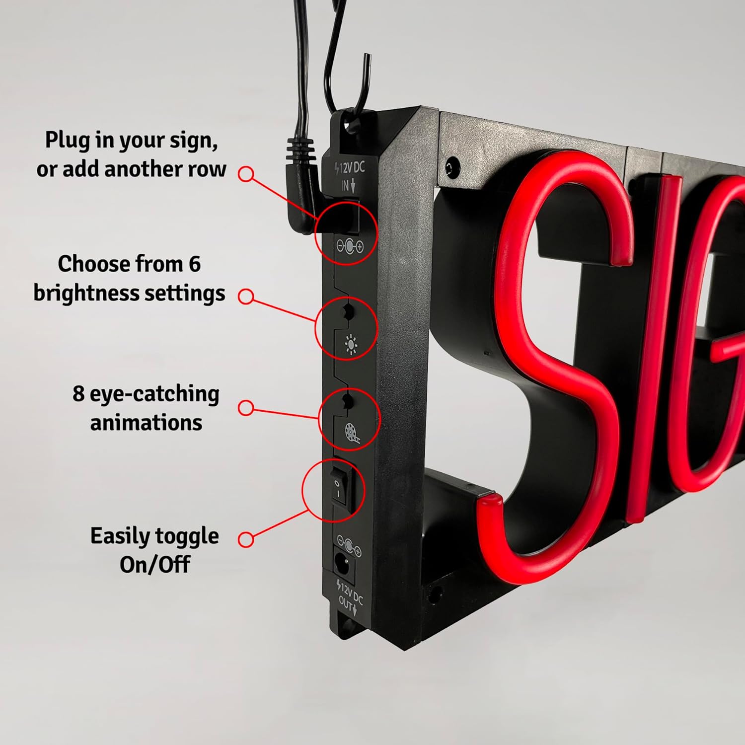 LED sign with red letters on a gray background, featuring control panel and text about features.
