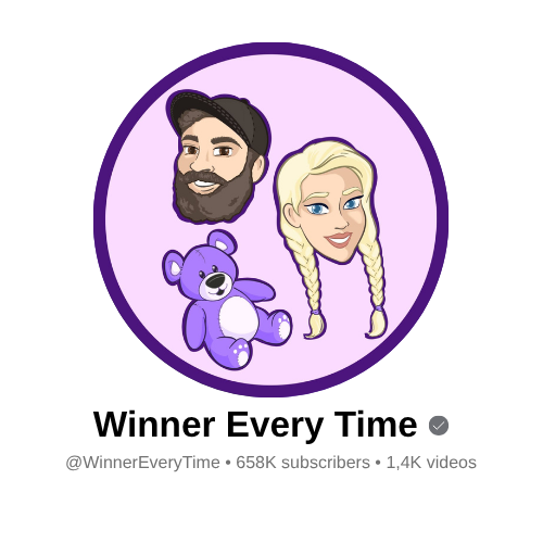 Profile picture with cartoon avatars and a teddy bear on a purple circle background, with text 'Winner Every Time' below.