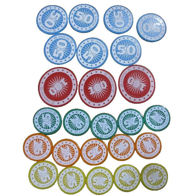A collection of colorful plastic value chips with various designs including circles and stars, labeled with different point values.
