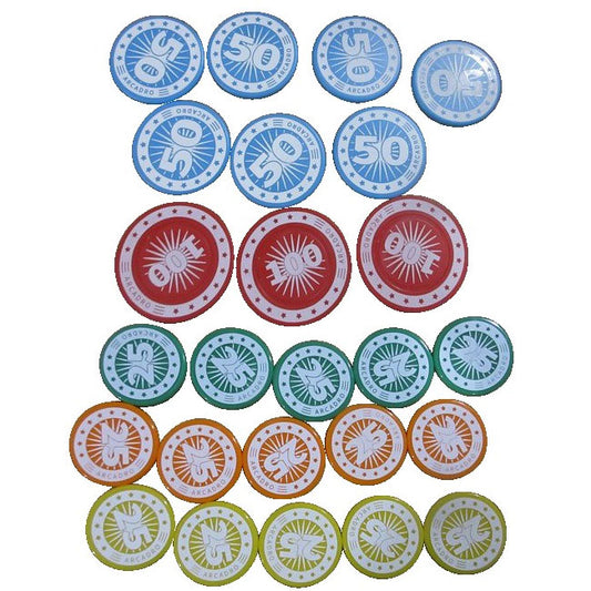 A collection of colorful plastic value chips with various designs including circles and stars, labeled with different point values.